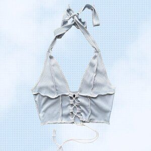 SHEIN Light Blue Ribbed Lace Up Halter Top Corset Style Y2K S
